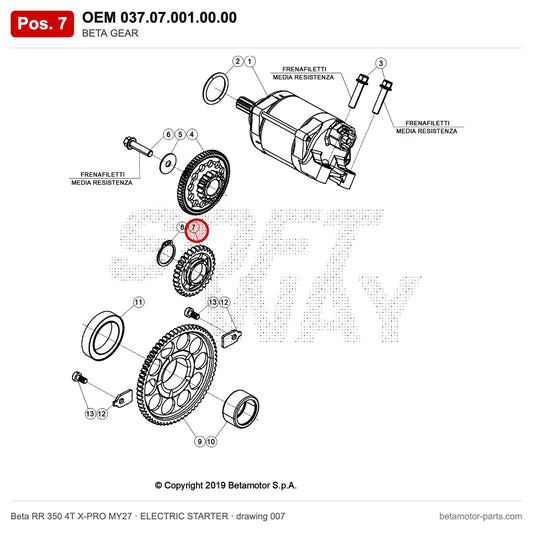 BETA GEAR – OEM 037.07.001.00.00, position 7 on the Beta RR 350 4T X-PRO MY27 elettricstarter drawing