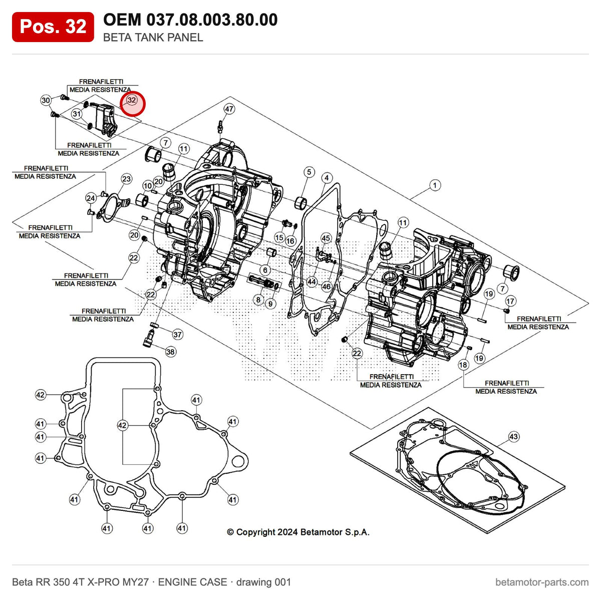 BETA TANK PANEL – OEM 037.08.003.80.00, position 32 on the Beta RR 350 4T X-PRO MY27 engine case drawing