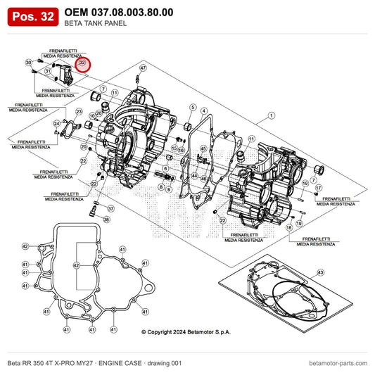 BETA TANK PANEL – OEM 037.08.003.80.00, position 32 on the Beta RR 350 4T X-PRO MY27 engine case drawing