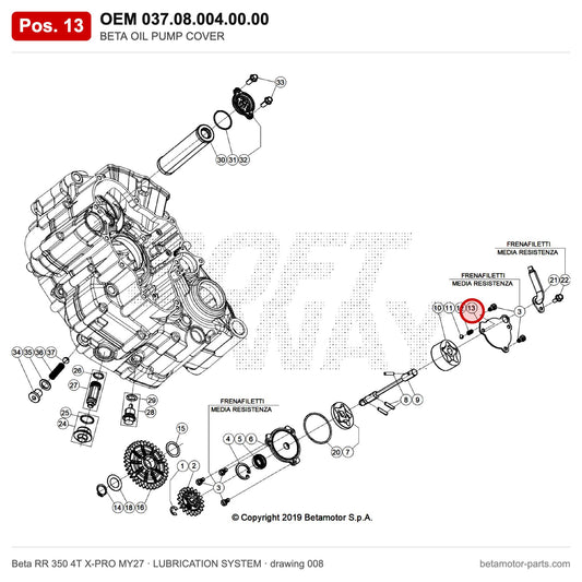 BETA OIL PUMP COVER – OEM 037.08.004.00.00, position 13 on the Beta RR 350 4T X-PRO MY27 lubrication system drawing