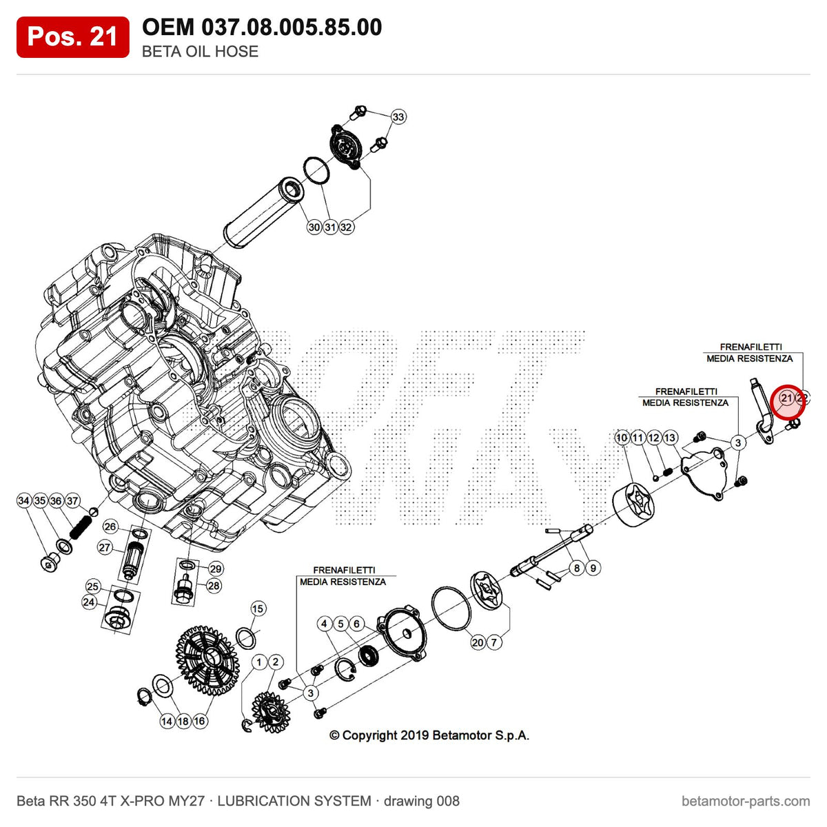 BETA OIL HOSE – OEM 037.08.005.85.00, position 21 on the Beta RR 350 4T X-PRO MY27 lubrication system drawing