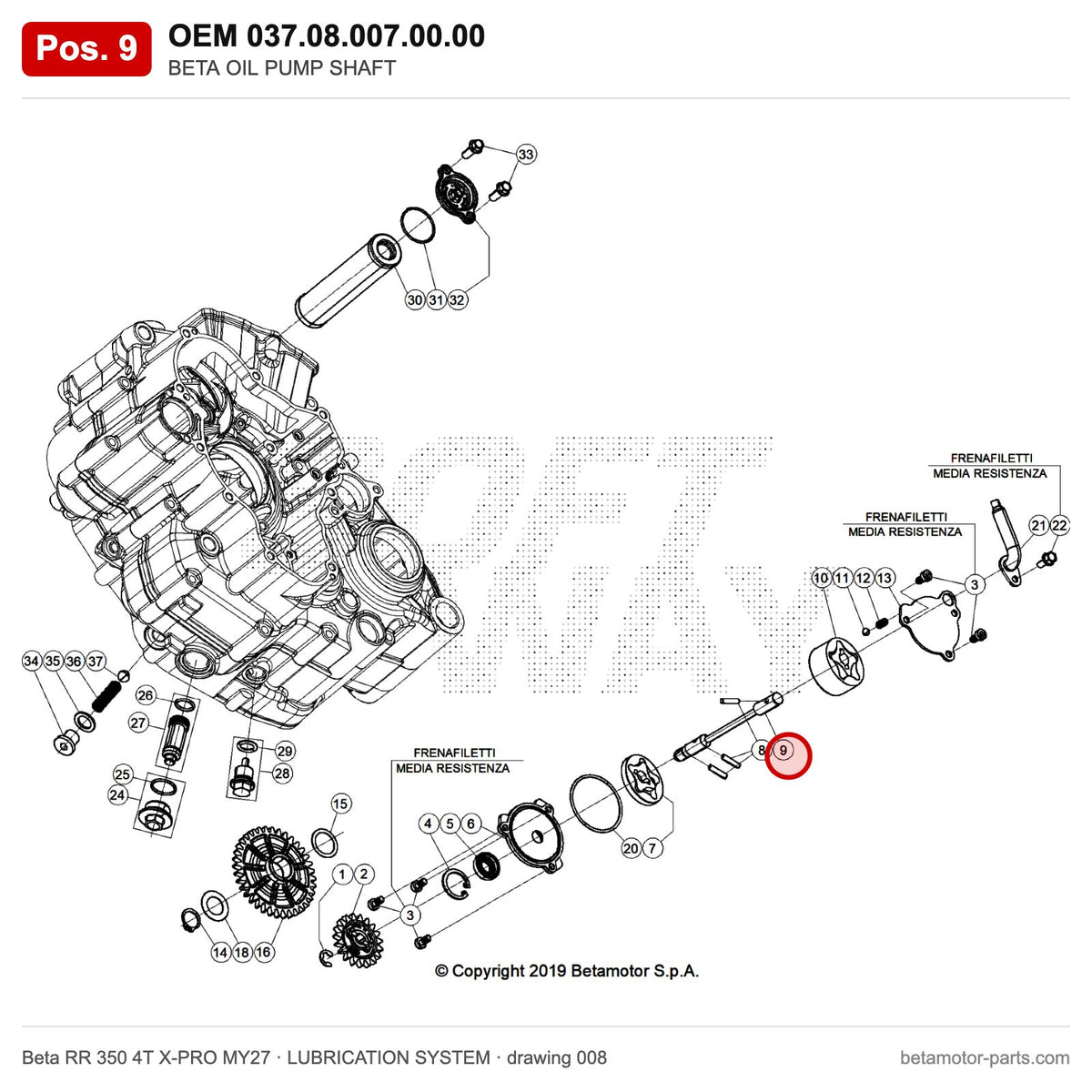 BETA OIL PUMP SHAFT – OEM 037.08.007.00.00, position 9 on the Beta RR 350 4T X-PRO MY27 lubrication system drawing