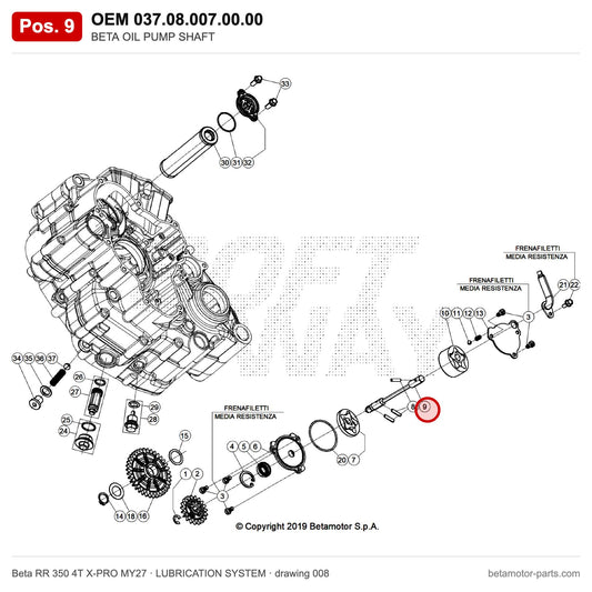 BETA OIL PUMP SHAFT – OEM 037.08.007.00.00, position 9 on the Beta RR 350 4T X-PRO MY27 lubrication system drawing