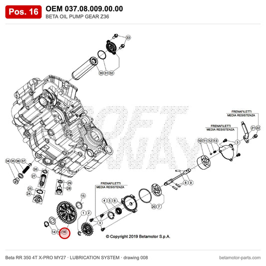 BETA OIL PUMP GEAR Z36 – OEM 037.08.009.00.00, position 16 on the Beta RR 350 4T X-PRO MY27 lubrication system drawing