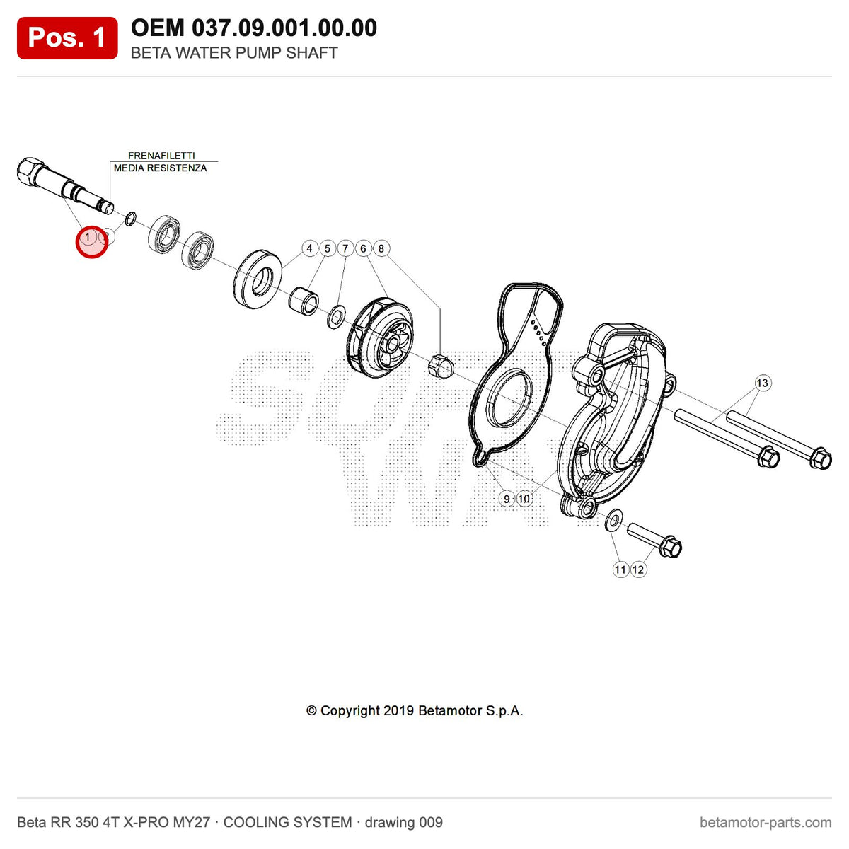 BETA WATER PUMP SHAFT – OEM 037.09.001.00.00, position 1 on the Beta RR 350 4T X-PRO MY27 cooling system drawing