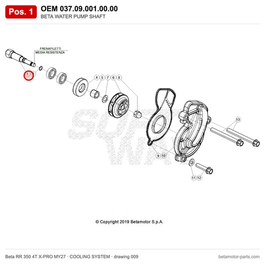 BETA WATER PUMP SHAFT – OEM 037.09.001.00.00, position 1 on the Beta RR 350 4T X-PRO MY27 cooling system drawing