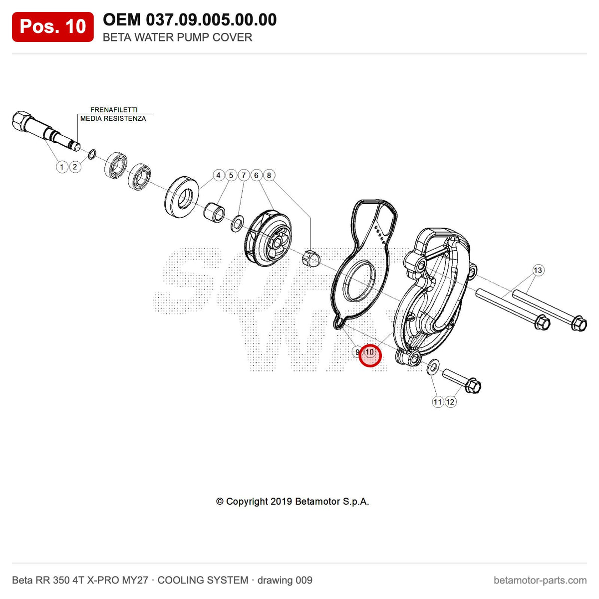 BETA WATER PUMP COVER – OEM 037.09.005.00.00, position 10 on the Beta RR 350 4T X-PRO MY27 cooling system drawing