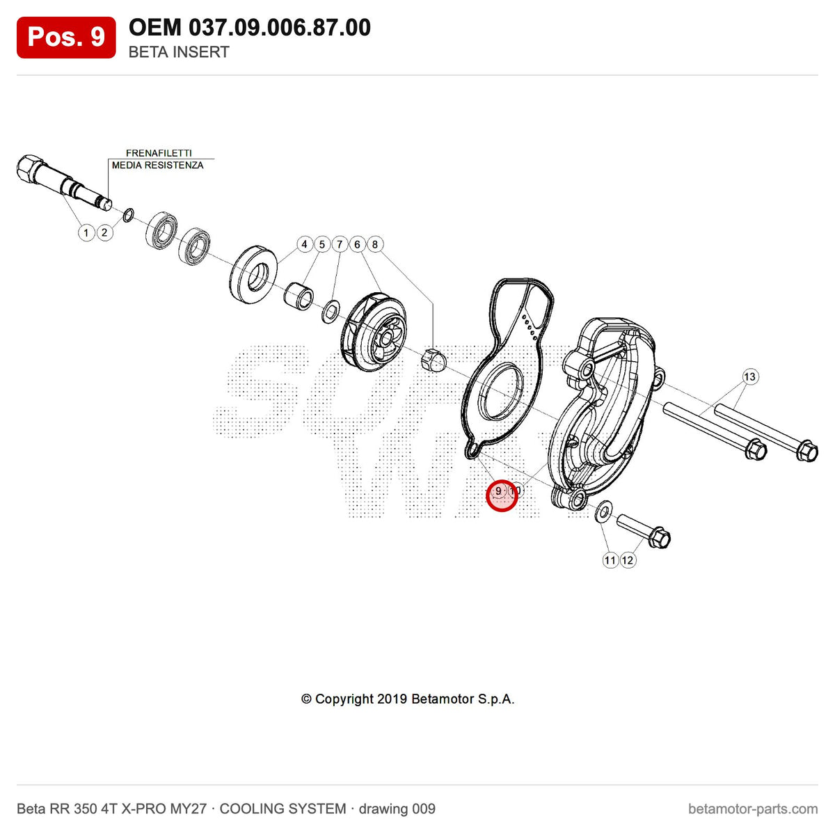 BETA INSERT – OEM 037.09.006.87.00, position 9 on the Beta RR 350 4T X-PRO MY27 cooling system drawing