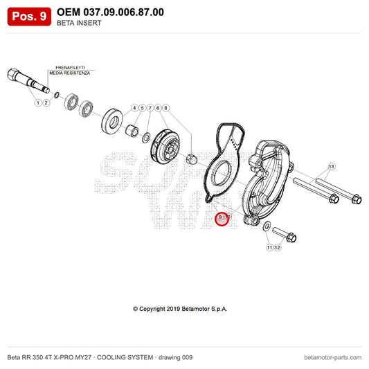 BETA INSERT – OEM 037.09.006.87.00, position 9 on the Beta RR 350 4T X-PRO MY27 cooling system drawing