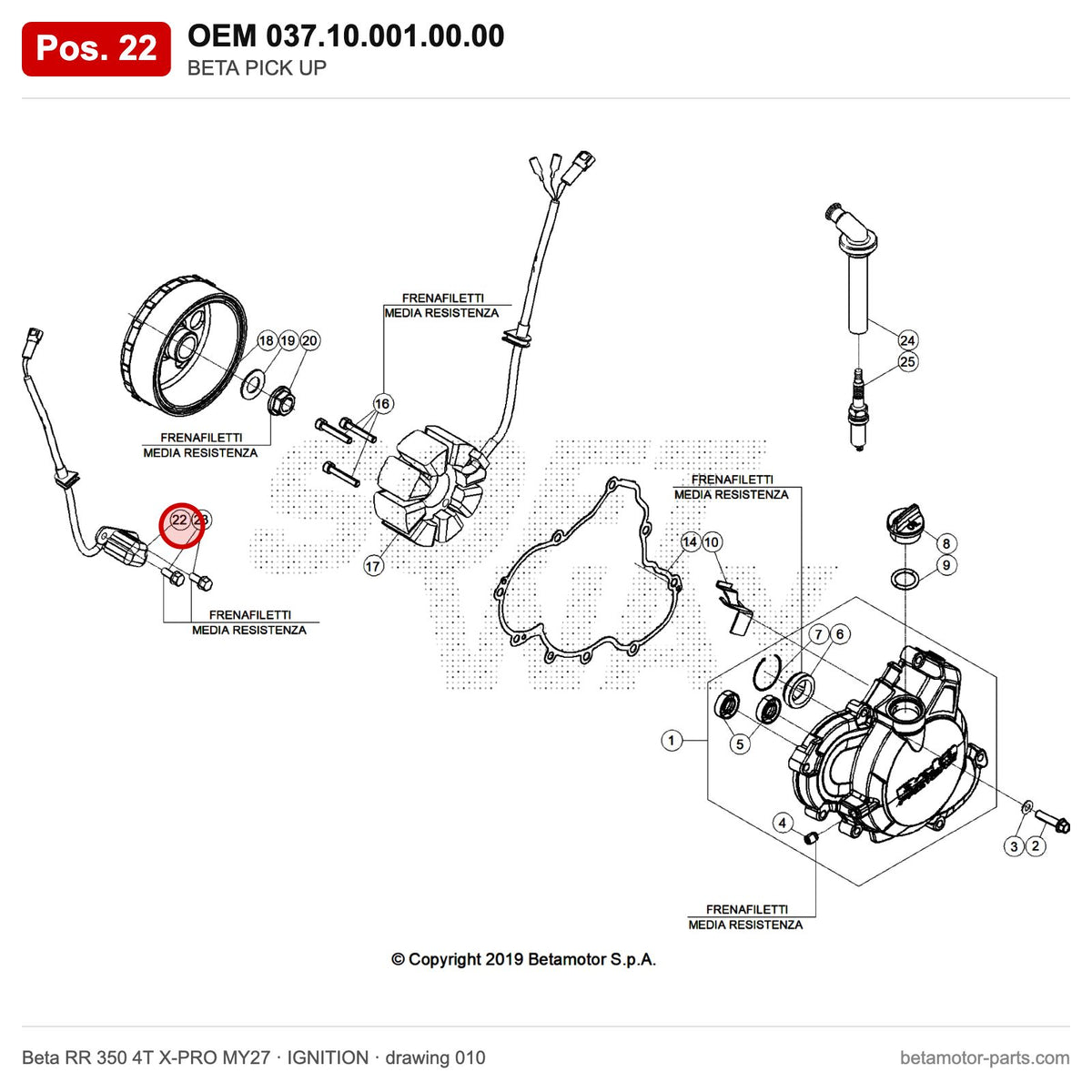 BETA PICK UP – OEM 037.10.001.00.00, position 22 on the Beta RR 350 4T X-PRO MY27 ignition drawing