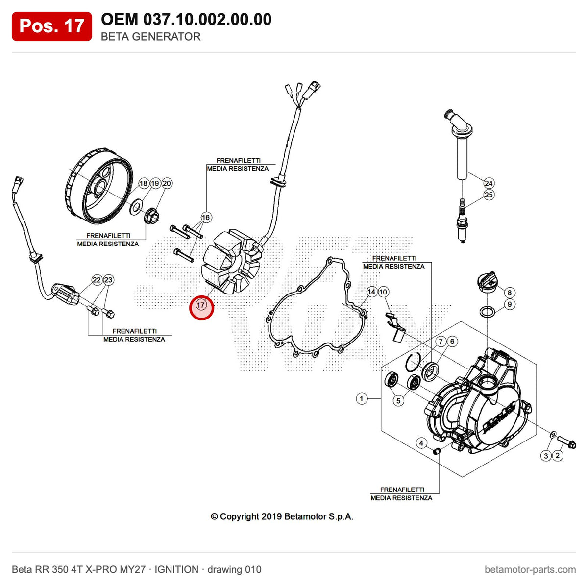 BETA GENERATOR – OEM 037.10.002.00.00, position 17 on the Beta RR 350 4T X-PRO MY27 ignition drawing