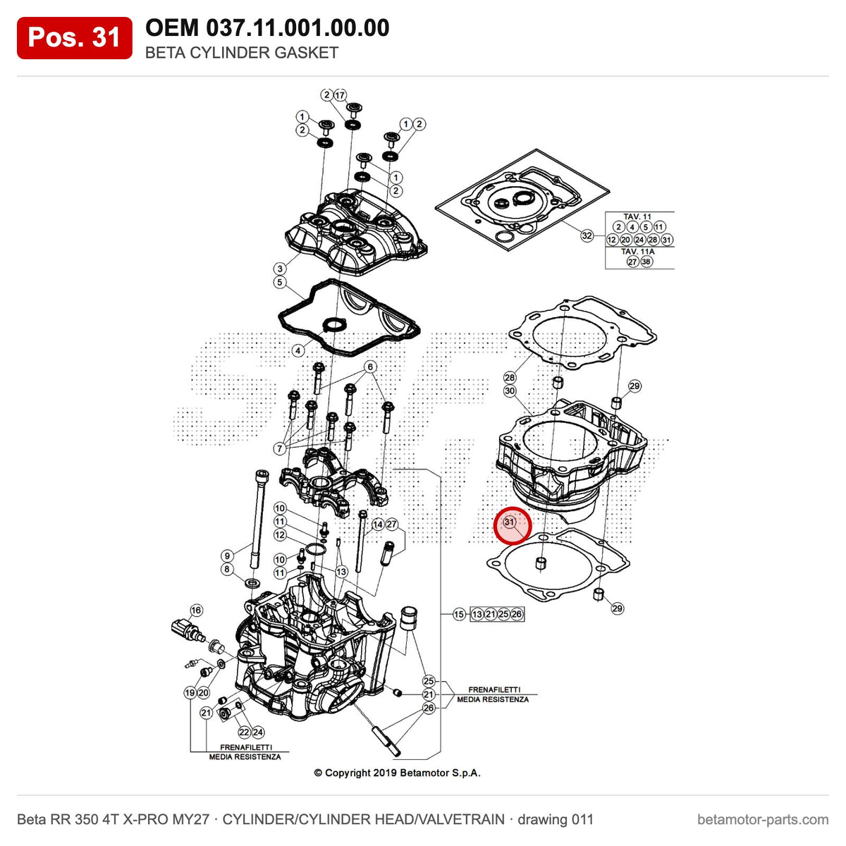BETA CYLINDER GASKET – OEM 037.11.001.00.00, position 31 on the Beta RR 350 4T X-PRO MY27 cylinder/cylinder head/valvetrain drawing
