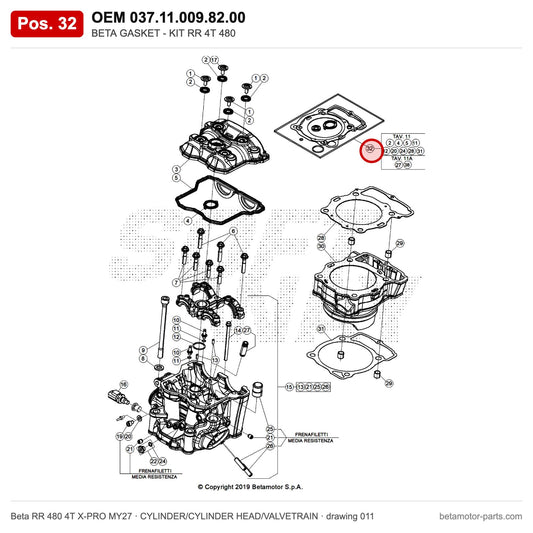 BETA GASKET - KIT RR 4T 480 – OEM 037.11.009.82.00, position 32 on the Beta RR 480 4T X-PRO MY27 cylinder/cylinder head/valvetrain drawing