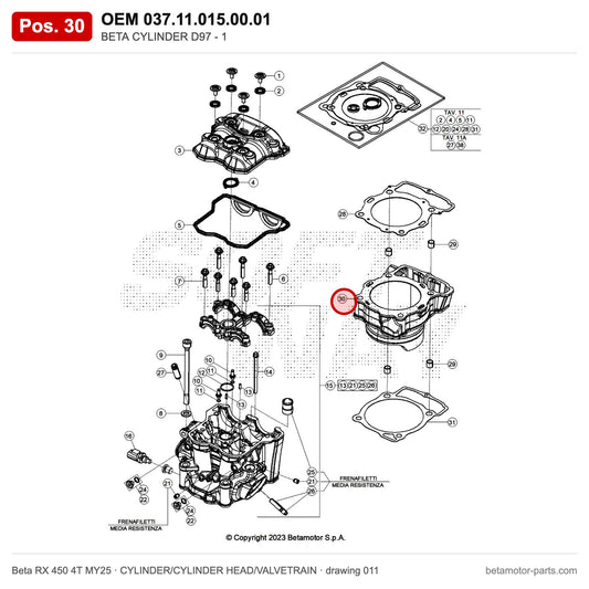 BETA CYLINDER D97 - 1 – OEM 037.11.015.00.01, position 30 on the Beta RX 450 4T MY25 cylinder/cylinder head/valvetrain drawing