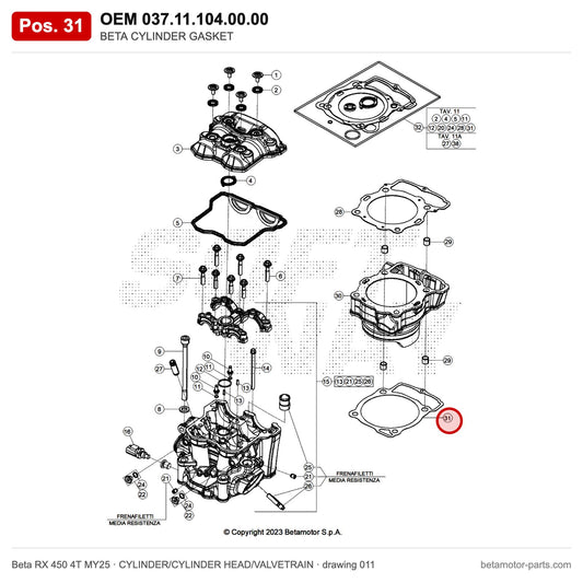 BETA CYLINDER GASKET – OEM 037.11.104.00.00, position 31 on the Beta RX 450 4T MY25 cylinder/cylinder head/valvetrain drawing