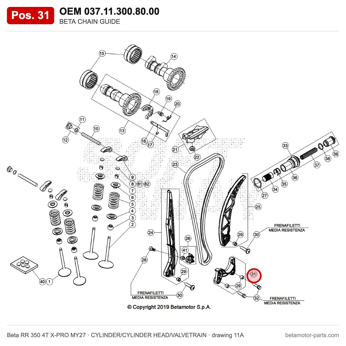 BETA CHAIN GUIDE – OEM 037.11.300.80.00, position 31 on the Beta RR 350 4T X-PRO MY27 cylinder/cylinder head/valvetrain drawing