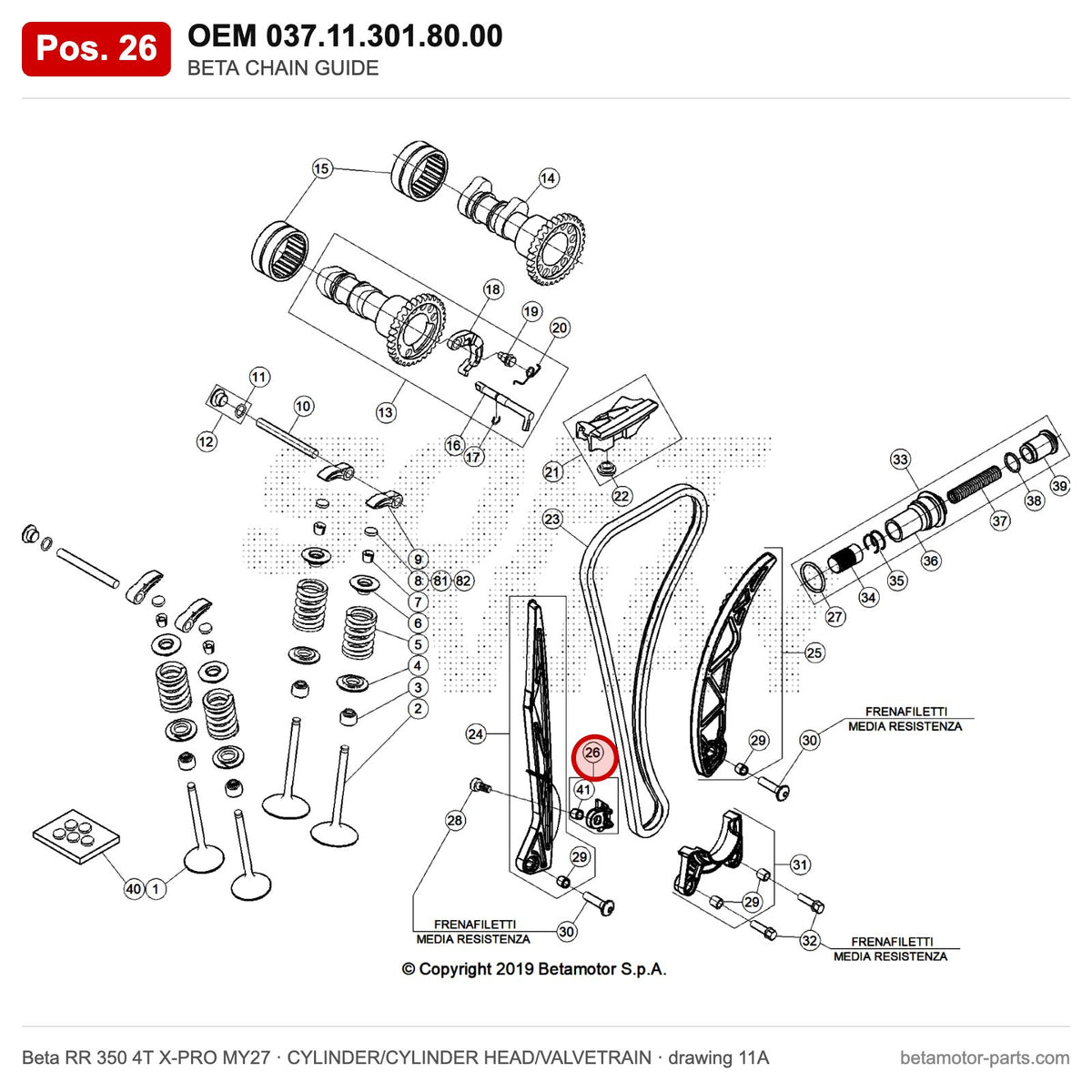BETA CHAIN GUIDE – OEM 037.11.301.80.00, position 26 on the Beta RR 350 4T X-PRO MY27 cylinder/cylinder head/valvetrain drawing