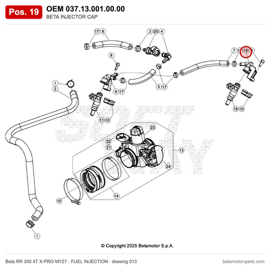 BETA INJECTOR CAP – OEM 037.13.001.00.00, position 19 on the Beta RR 350 4T X-PRO MY27 fuel injection drawing