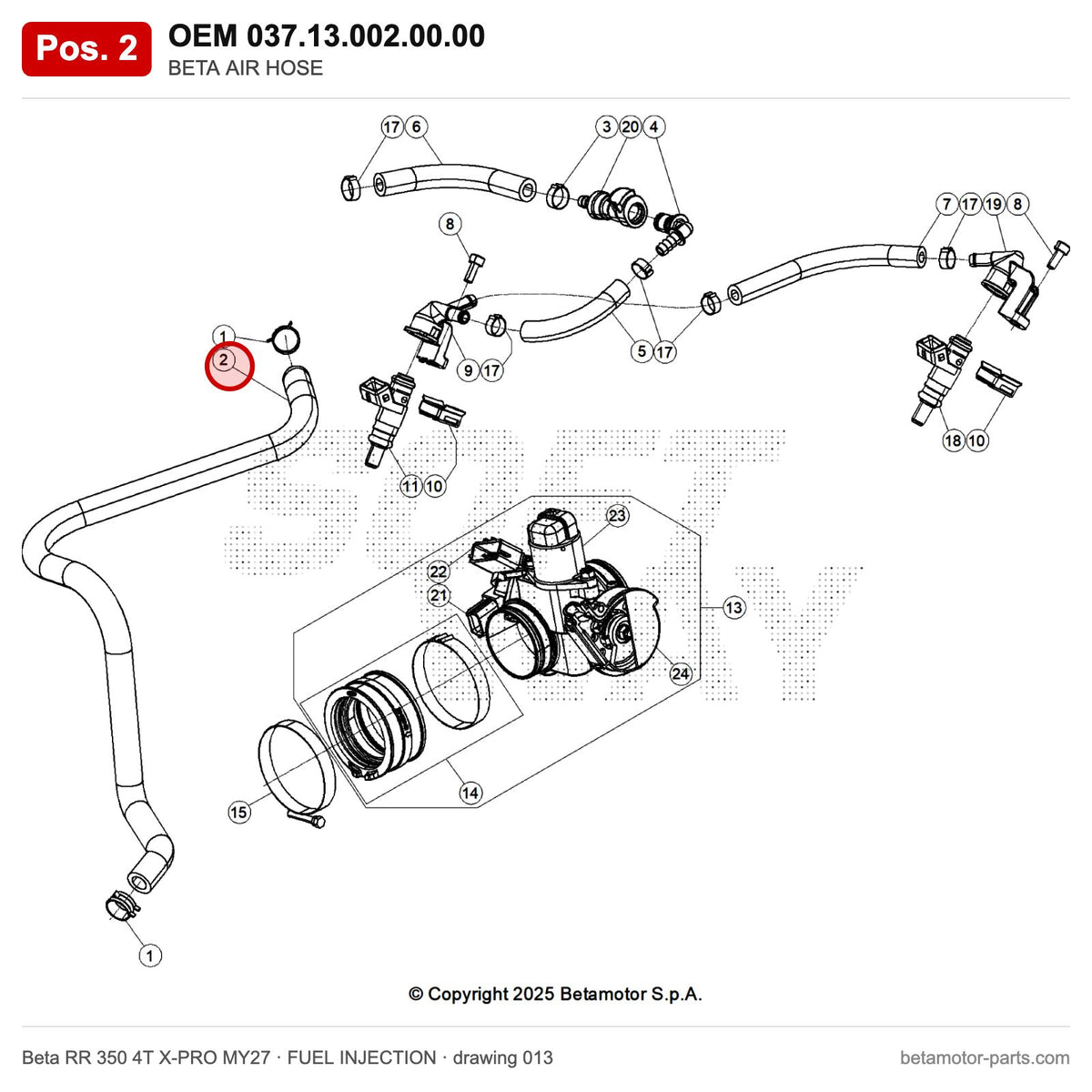 BETA AIR HOSE – OEM 037.13.002.00.00, position 2 on the Beta RR 350 4T X-PRO MY27 fuel injection drawing