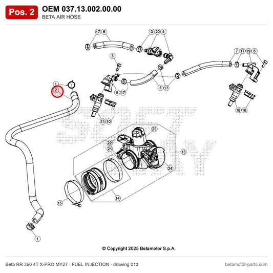 BETA AIR HOSE – OEM 037.13.002.00.00, position 2 on the Beta RR 350 4T X-PRO MY27 fuel injection drawing