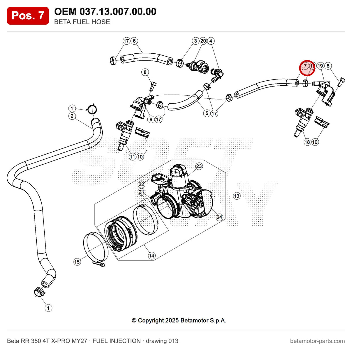 BETA FUEL HOSE – OEM 037.13.007.00.00, position 7 on the Beta RR 350 4T X-PRO MY27 fuel injection drawing