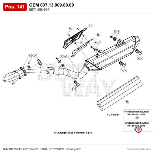 BETA SENSOR – OEM 037.13.009.00.00, position 141 on the Beta RR 350 4T X-PRO MY27 exhaust system drawing