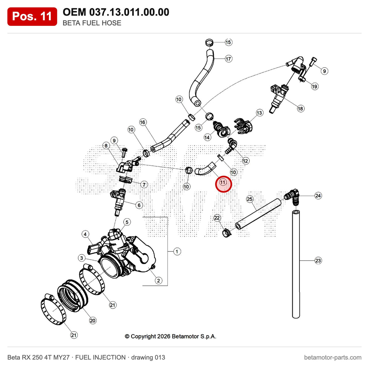 BETA FUEL HOSE_1 – OEM 037.13.011.00.00, position 11 on the Beta RX 250 4T MY27 fuel injection drawing