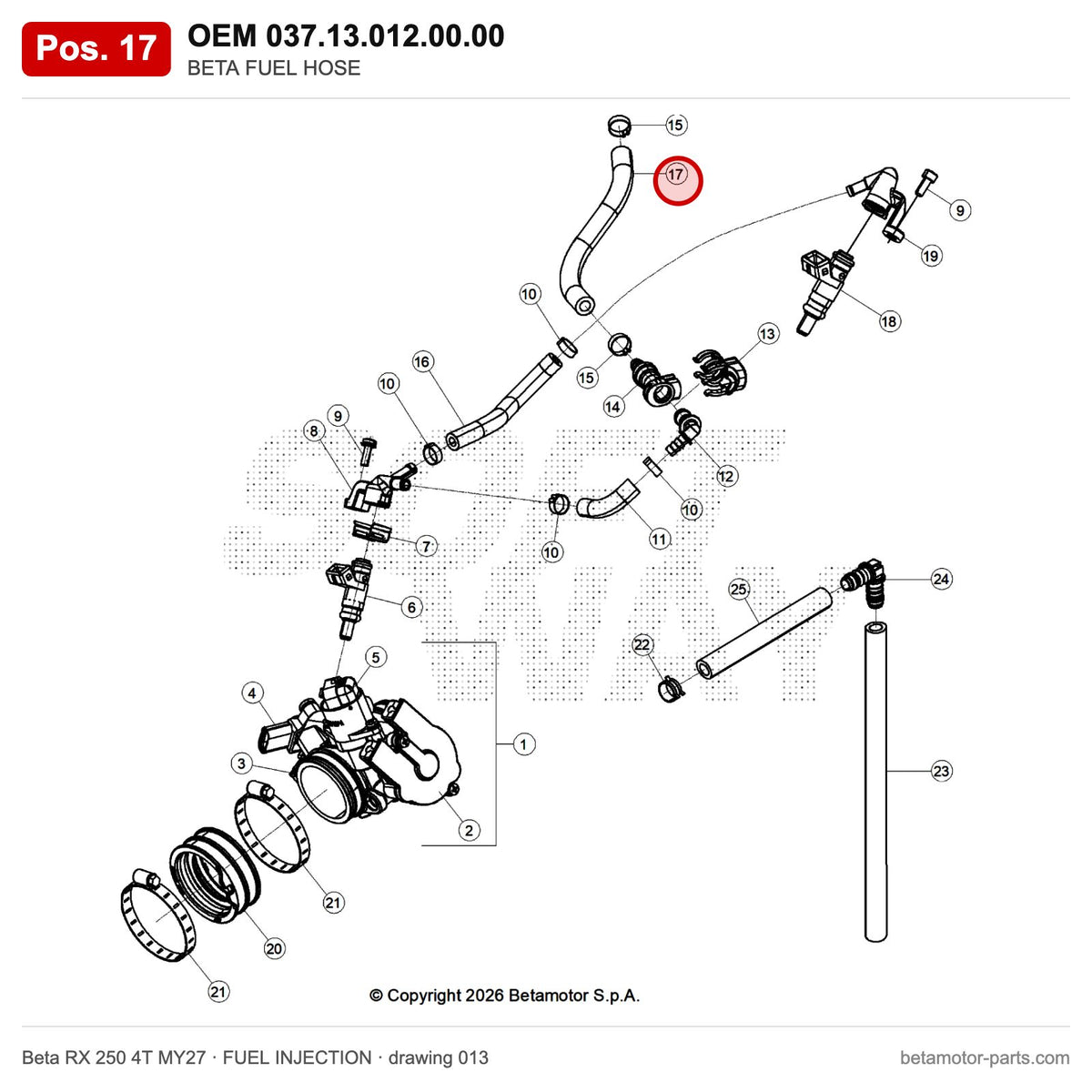 BETA FUEL HOSE_2 – OEM 037.13.012.00.00, position 17 on the Beta RX 250 4T MY27 fuel injection drawing