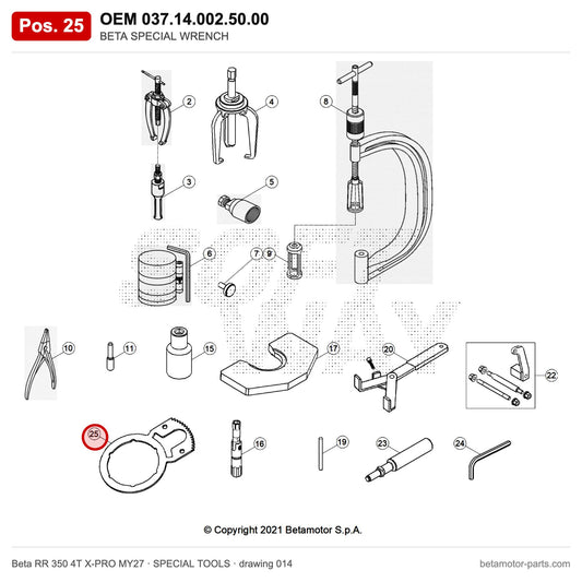 BETA SPECIAL WRENCH – OEM 037.14.002.50.00, position 25 on the Beta RR 350 4T X-PRO MY27 special tools drawing