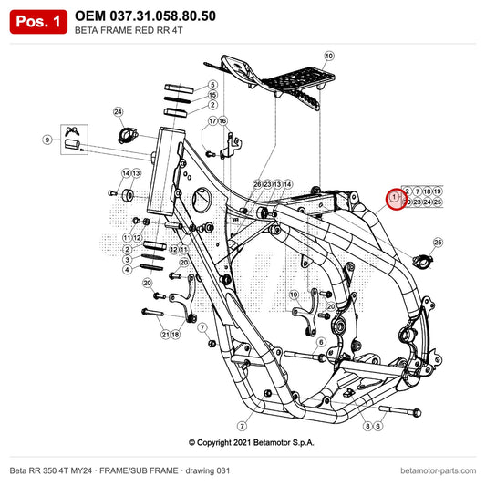 BETA FRAME RED RR 4T – OEM 037.31.058.80.50, position 1 on the Beta RR 350 4T MY24 frame/sub frame drawing