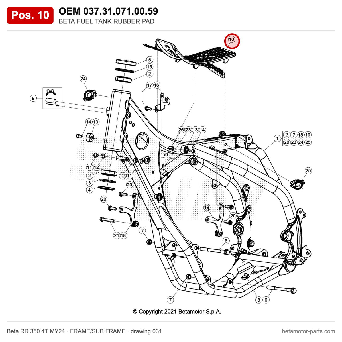 BETA FUEL TANK RUBBER PAD – OEM 037.31.071.00.59, position 10 on the Beta RR 350 4T MY24 frame/sub frame drawing
