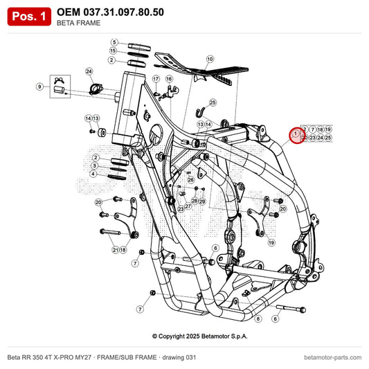 BETA FRAME – OEM 037.31.097.80.50, position 1 on the Beta RR 350 4T X-PRO MY27 frame/sub frame drawing