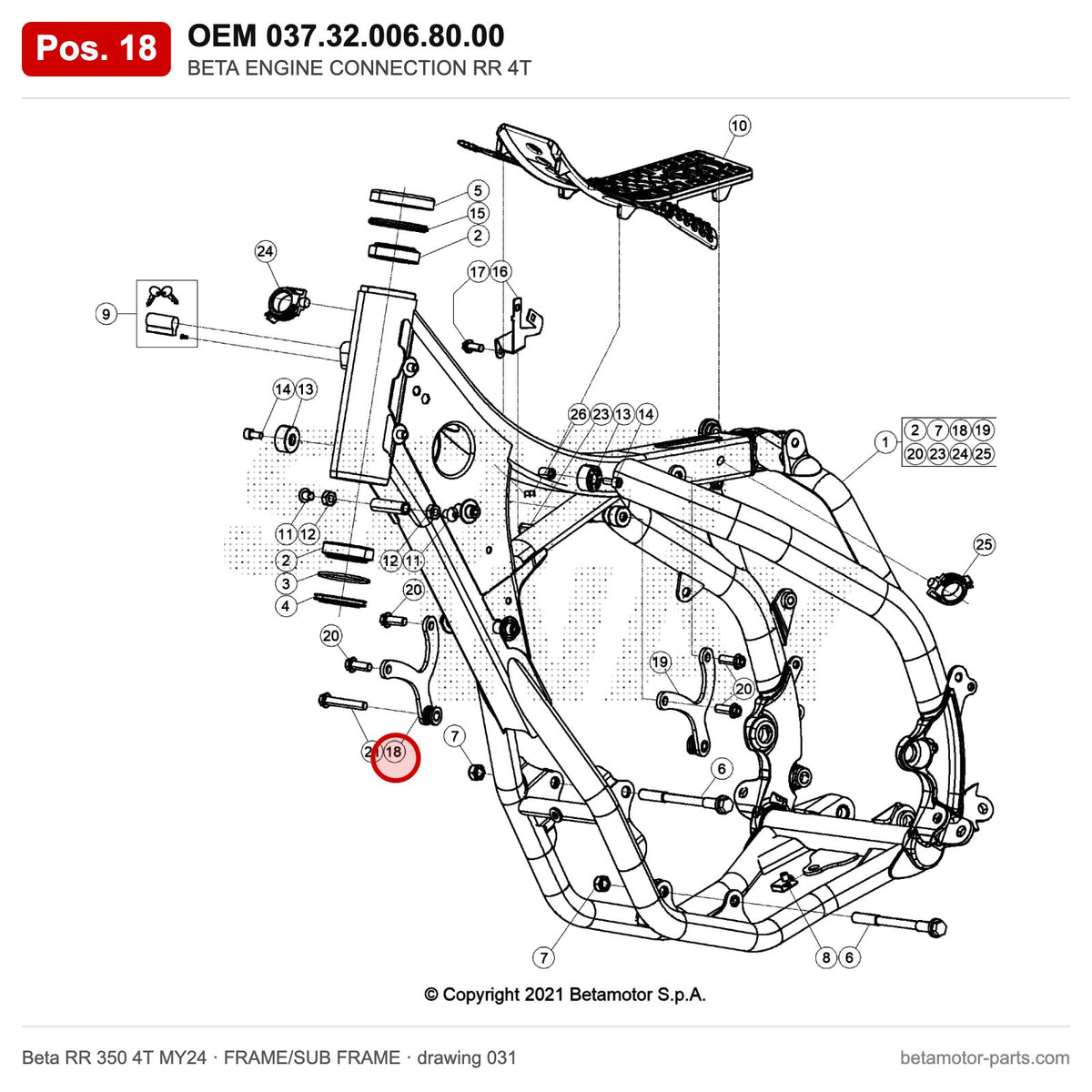 BETA ENGINE CONNECTION RR 4T – OEM 037.32.006.80.00, position 18 on the Beta RR 350 4T MY24 frame/sub frame drawing