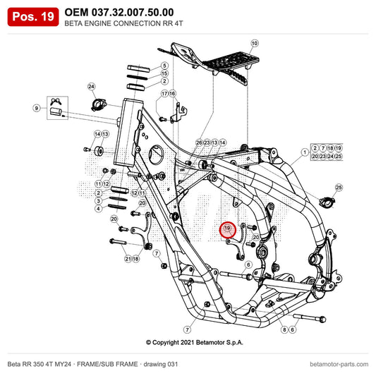 BETA ENGINE CONNECTION RR 4T – OEM 037.32.007.50.00, position 19 on the Beta RR 350 4T MY24 frame/sub frame drawing