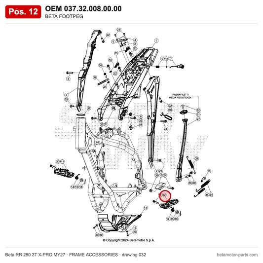 BETA FOOTPEG – OEM 037.32.008.00.00, position 12 on the Beta RR 250 2T X-PRO MY27 frame accessories drawing