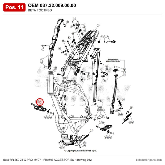 BETA FOOTPEG – OEM 037.32.009.00.00, position 11 on the Beta RR 250 2T X-PRO MY27 frame accessories drawing