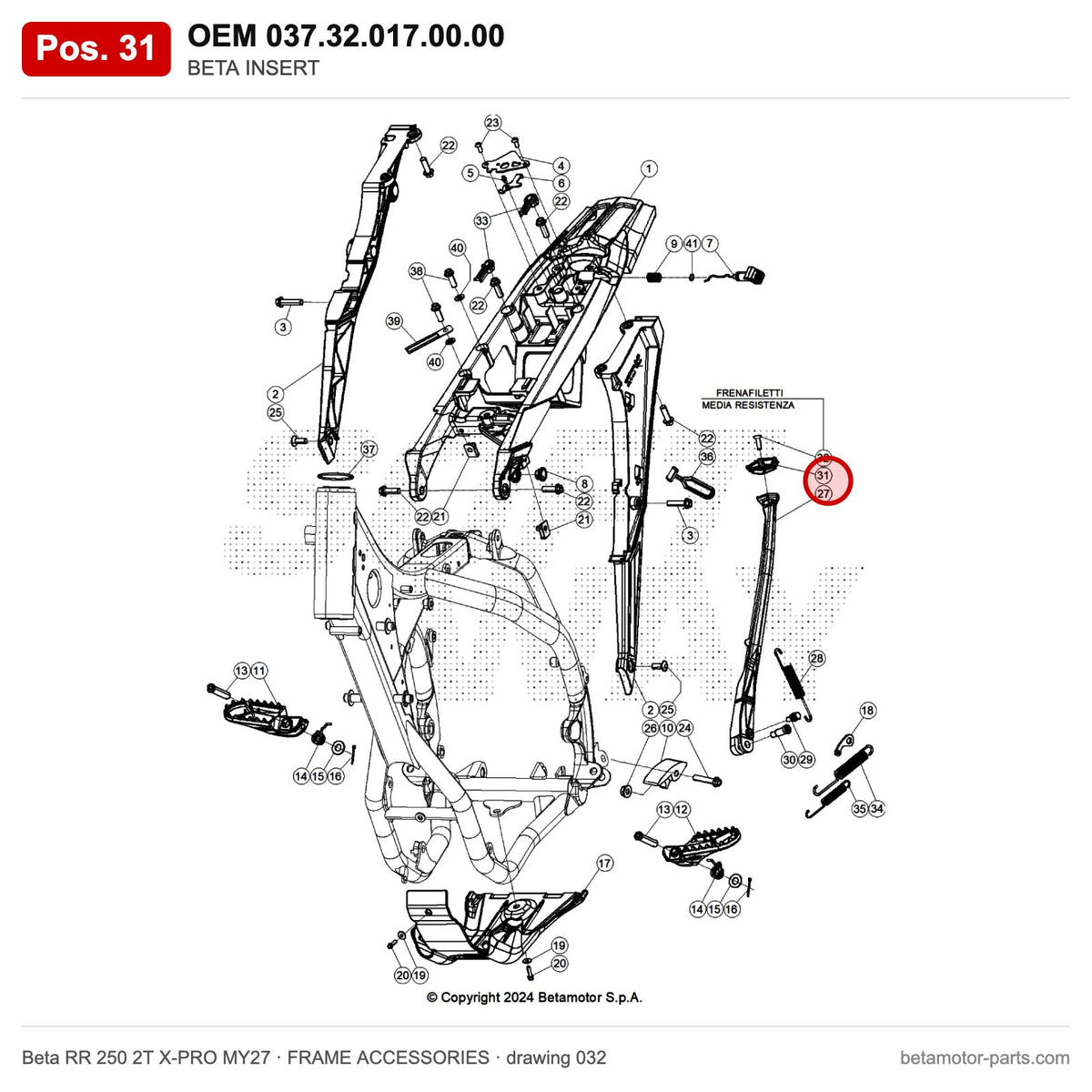 BETA INSERT – OEM 037.32.017.00.00, position 31 on the Beta RR 250 2T X-PRO MY27 frame accessories drawing
