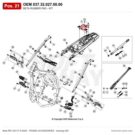 BETA RUBBER PAD - KIT – OEM 037.32.027.00.00, position 21 on the Beta RR 125 4T R 2025 frame accessories drawing