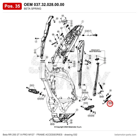 BETA SPRING – OEM 037.32.028.00.00, position 35 on the Beta RR 250 2T X-PRO MY27 frame accessories drawing