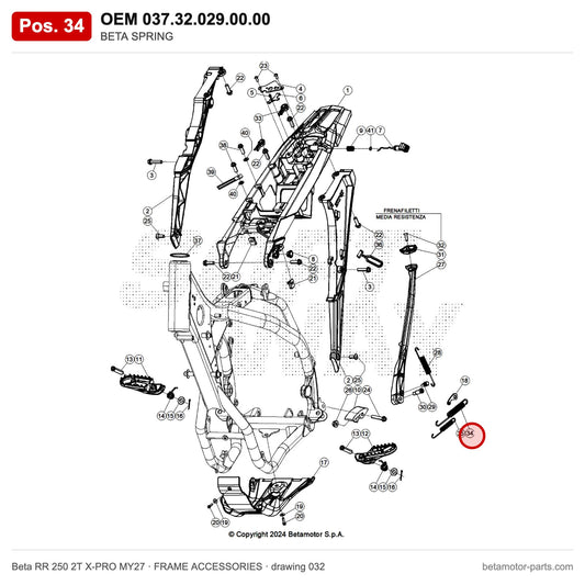 BETA SPRING – OEM 037.32.029.00.00, position 34 on the Beta RR 250 2T X-PRO MY27 frame accessories drawing