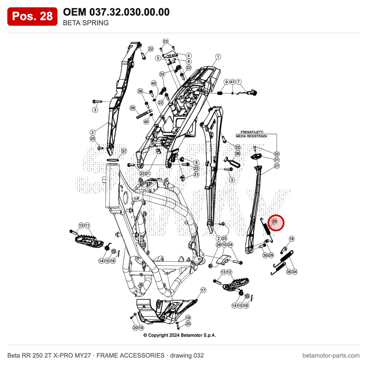 BETA SPRING – OEM 037.32.030.00.00, position 28 on the Beta RR 250 2T X-PRO MY27 frame accessories drawing