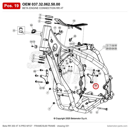 BETA ENGINE CONNECTION RR 4T – OEM 037.32.062.50.00, position 19 on the Beta RR 350 4T X-PRO MY27 frame/sub frame drawing