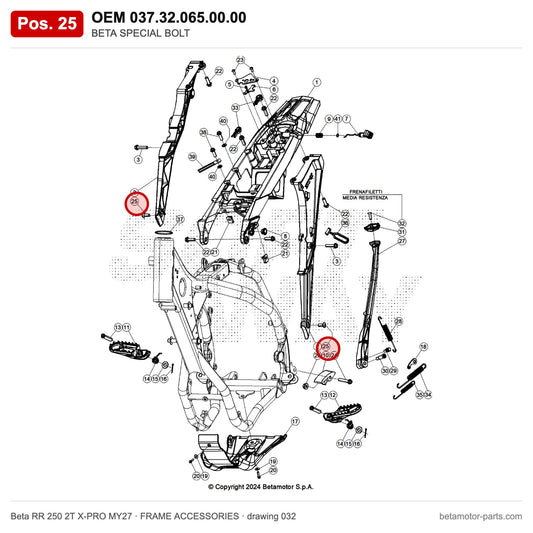 BETA SPECIAL BOLT – OEM 037.32.065.00.00, position 25 on the Beta RR 250 2T X-PRO MY27 frame accessories drawing