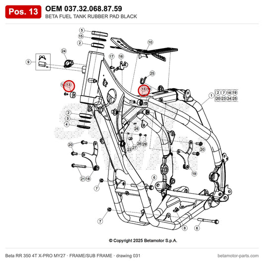 BETA FUEL TANK RUBBER PAD BLACK – OEM 037.32.068.87.59, position 13 on the Beta RR 350 4T X-PRO MY27 frame/sub frame drawing