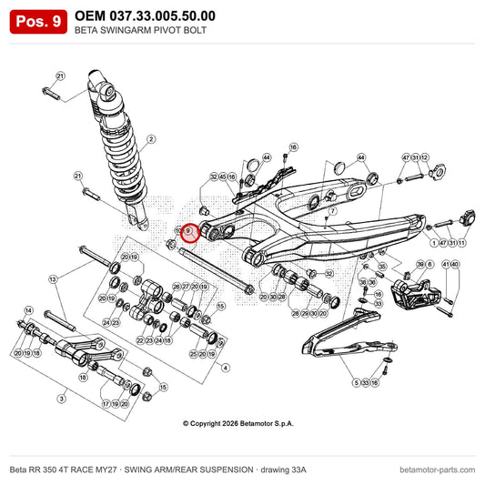 BETA SWINGARM PIVOT BOLT – OEM 037.33.005.50.00, position 9 on the Beta RR 350 4T RACE MY27 swing arm/rear suspension drawing