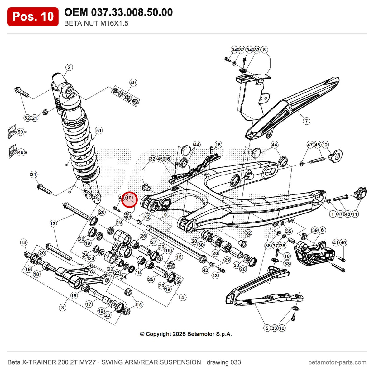 BETA NUT M16X1.5 – OEM 037.33.008.50.00, position 10 on the Beta X-TRAINER 200 2T MY27 swing arm/rear suspension drawing