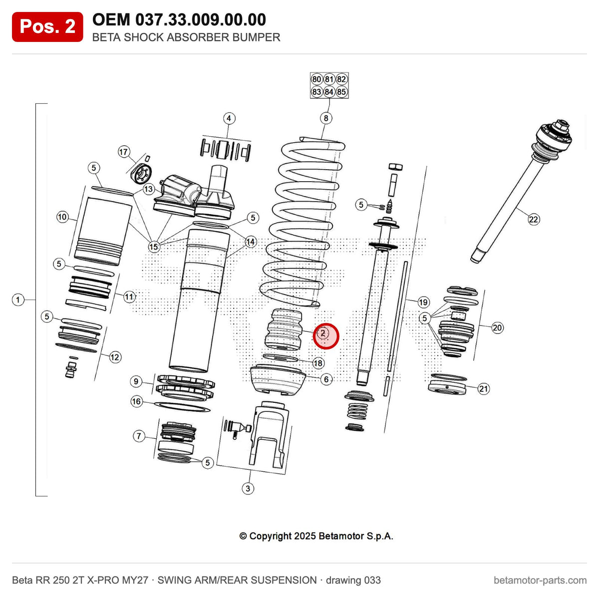 BETA SHOCK ABSORBER BUMPER – OEM 037.33.009.00.00, position 2 on the Beta RR 250 2T X-PRO MY27 swing arm/rear suspension drawing