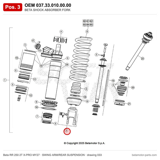 BETA SHOCK ABSORBER FORK – OEM 037.33.010.00.00, position 3 on the Beta RR 250 2T X-PRO MY27 swing arm/rear suspension drawing