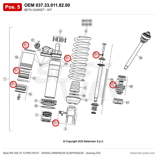 BETA GASKET - KIT – OEM 037.33.011.82.00, position 5 on the Beta RR 250 2T X-PRO MY27 swing arm/rear suspension drawing