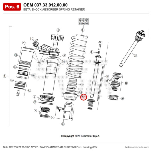 BETA SHOCK ABSORBER SPRING RETAINER – OEM 037.33.012.00.00, position 6 on the Beta RR 250 2T X-PRO MY27 swing arm/rear suspension drawing